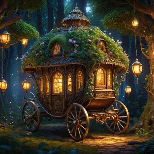 fairy house,fairy village,fantasy picture,tree house,fantasy art,treehouse,tree house hotel,mobile home,fairy forest,imaginarium,fairy world,fairy tale,fairyland,insect house,wooden carriage,treehouses,enchanted forest,gypsy tent,caterpillar gypsy,rumpelstiltskin,Conceptual Art,Oil color,Oil Color 07