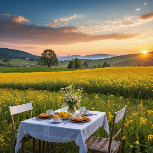 romantic dinner,table setting,outdoor dining,chair in field,field of rapeseeds,meadow landscape,place setting,landscape background,garden dinner,tablescape,vegetables landscape,flowers field,table arrangement,dinner for two,rapeseed field,daffodil field,alfresco,catering service bern,field of cereals,flower field,Photography,General,Realistic
