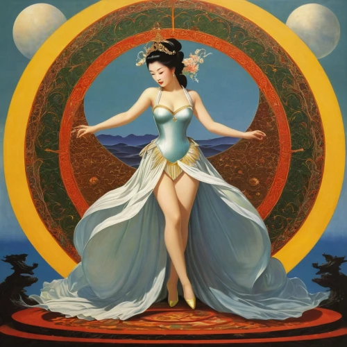 harmonia macrocosmica,tretchikoff,la nascita di venere,venus,zodiac sign libra,virgo,baoshun,ozma,guanyin,art deco woman,hesperides,ostara,oshun,tethys,amphitrite,mercury,horoscope libra,circe,zodiac sign gemini,kuanyin,Illustration,Retro,Retro 10