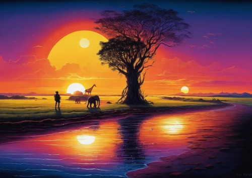 silhouette art,landscape background,fantasy picture,lone tree,romantic scene,art silhouette,desert landscape,couple silhouette,fantasy landscape,africa,an island far away landscape,sunset,world digital painting,purple landscape,colorful tree of life,fantasy art, silhouette,desert desert landscape,loving couple sunrise,serengeti,Illustration,Realistic Fantasy,Realistic Fantasy 25