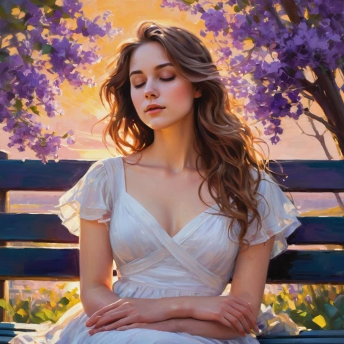margairaz,heatherley,margaery,romantic portrait,la violetta,serene,meditative,relaxed young girl,young woman,girl in the garden,digital painting,mystical portrait of a girl,violetta,fantasy portrait,leighton,girl in flowers,lilac blossom,oil painting,meditation,girl lying on the grass,Conceptual Art,Oil color,Oil Color 10