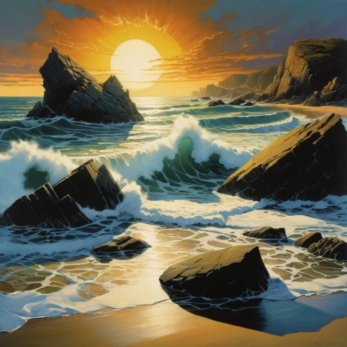 coastal landscape,beach landscape,seascape,sea landscape,coast sunset,sun and sea,seascapes,sunrise beach,rocky coast,ocean background,mountain beach,landscape background,beach scenery,ocean waves,landscape with sea,rocky beach,world digital painting,hildebrandt,cliffs ocean,sunset beach,Illustration,Realistic Fantasy,Realistic Fantasy 29