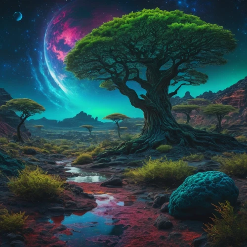colorful tree of life,fantasy landscape,alien planet,alien world,fantasy picture,mushroom landscape,tree of life,magic tree,lunar landscape,planet alien sky,fractal environment,3d fantasy,fantasy art,earthlike,planet,celtic tree,world digital painting,planet eart,futuristic landscape,valley of the moon,Photography,General,Fantasy