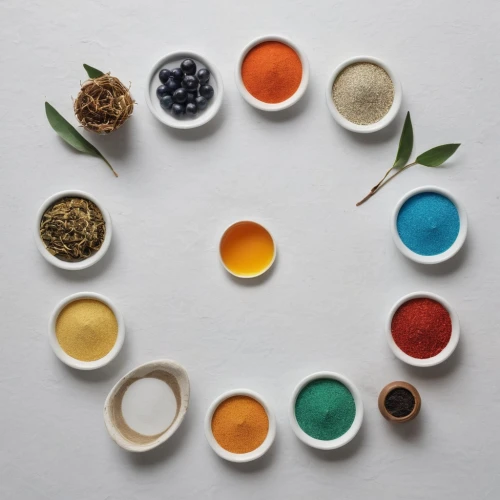 colored spices,tea art,spices,spice rack,watercolor tea set,herbs and spices,indian spices,tea infuser,color table,spice mix,loose leaf tea,colour wheel,teacup arrangement,watercolor tea,tea zen,tea box,color circle,colorants,flavorings,seasonings,Unique,Design,Knolling