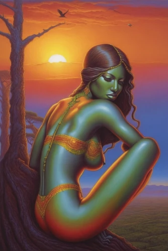 klarwein,neon body painting,bodypainting,bodypaint,wieslaw,body painting,dryad,savickas,paschke,welin,tretchikoff,dryads,woman frog,hildebrandt,uncredited,deodato,inanna,anahata,green skin,fantasy art,Illustration,Abstract Fantasy,Abstract Fantasy 21