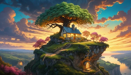 tree house,treehouse,tree house hotel,treehouses,house in the forest,fairy house,dreamhouse,fantasy picture,fairy chimney,home landscape,fantasy landscape,little house,forest house,witch's house,crooked house,yggdrasil,fablehaven,magic tree,mushroom landscape,house in mountains,Conceptual Art,Sci-Fi,Sci-Fi 24