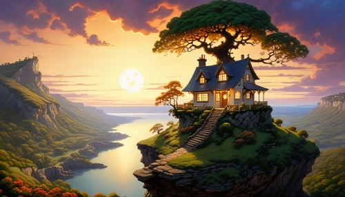 tree house,dreamhouse,treehouse,house silhouette,tree house hotel,treehouses,cartoon video game background,fairy house,fantasy landscape,studio ghibli,house in the forest,neverland,fantasy picture,witch's house,home landscape,little house,forest house,fairy tale castle,lonely house,ghibli,Conceptual Art,Sci-Fi,Sci-Fi 19