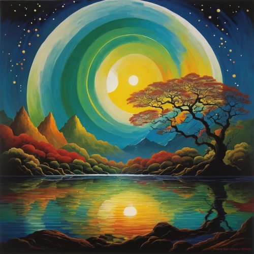 moon and star background,lunar landscape,sun moon,pachamama,mantra om,landscape background,moonrise,colorful tree of life,solario,sun and moon,desert landscape,oil painting on canvas,dreamscape,hanging moon,fantasy landscape,art painting,khokhloma painting,mother earth,dream art,nature landscape,Art,Artistic Painting,Artistic Painting 27