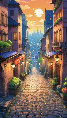 kyoto,meteora,bukchon,kurashiki,izakaya,the cobbled streets,sidestreet,ichigaya,jinchuan,cobblestone,medieval street,alley,ancient city,cobblestoned,gion,cloudstreet,yoshiwara,world digital painting,yazaki,dusk background,Illustration,Japanese style,Japanese Style 03