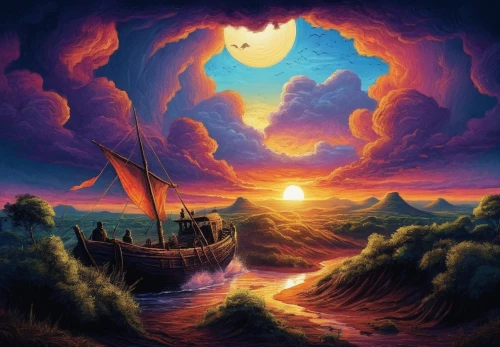 boat landscape,fantasy picture,fantasy landscape,pirate ship,sea fantasy,fantasy art,world digital painting,pirate treasure,sailing orange,scarlet sail,sea landscape,sea sailing ship,an island far away landscape,shipwreck,sailboat,sail ship,3d fantasy,hadrianic,incredible sunset over the lake,sailing blue purple,Illustration,Realistic Fantasy,Realistic Fantasy 25