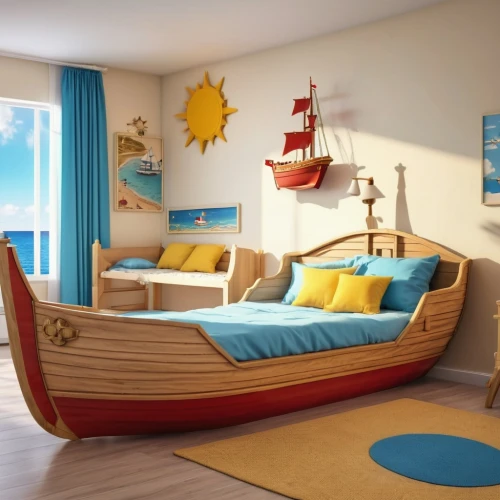 children's bedroom,kids room,boy's room picture,wooden boat,viking ship,baby bed,wooden boats,children's room,daybed,pirate ship,daybeds,baby room,3d rendering,water sofa,nautical colors,wooden mockup,children's interior,staterooms,boat landscape,beach furniture,Photography,General,Realistic