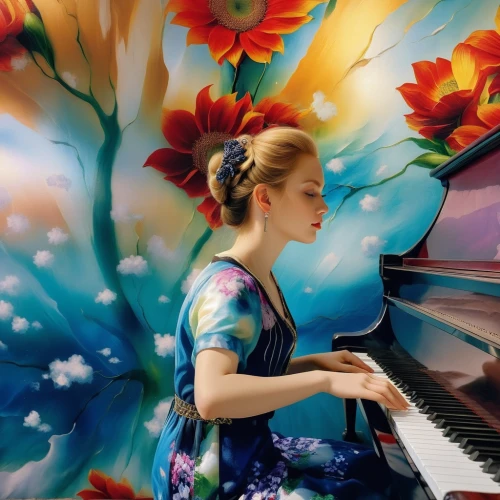 cute girl playing piano,pianist,girl in flowers,flower painting,piano player,rachmaninoff,woman playing,concerto for piano,pianism,pianoforte,mcmorrow,the piano,gavrilova,play piano,scarlatti,saariaho,piano,piano petals,saens,watercolor background,Photography,General,Realistic