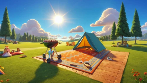 tearaway,idyllic,lowpoly,thatgamecompany,autumn camper,picnic,cartoon video game background,low poly,sylvania,3d render,summer background,summer day,3d background,dream world,acpc,world digital painting,sunfeast,picnicking,children's background,camping tipi