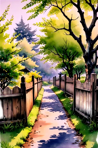 watercolor background,pathway,alley,maple road,forest road,alleyway,forest path,tree lined path,springtime background,tree lined lane,sidestreet,landscape background,sidewalk,country road,small landscape,wooden path,walkway,vineyard road,animal lane,walk,Illustration,Paper based,Paper Based 30