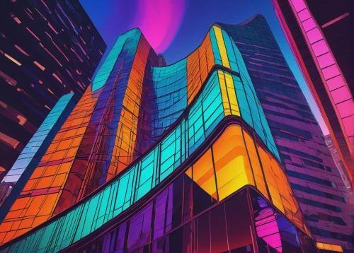 colorful city,colored lights,colorful light,colorful facade,hypermodern,colorful glass,skyscraper,cybercity,tetris,technicolour,skyscrapers,technicolor,shinjuku,intense colours,cityscape,vdara,ctbuh,glass building,skycraper,saturated colors,Illustration,Retro,Retro 17