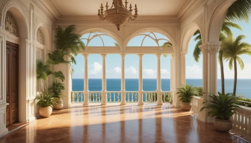 window with sea view,sunroom,ocean view,tropical house,balcony,breakfast room,great room,rosecliff,oceanfront,florida home,palmbeach,riviera,seaside view,plantation shutters,beach house,oceanview,bay window,verandah,palladianism,veranda,Conceptual Art,Oil color,Oil Color 12