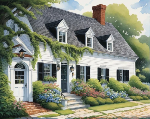 houses clipart,country cottage,cottage,summer cottage,nantucket,house painting,new england style house,cottages,home landscape,country house,cottage garden,old colonial house,farmhouse,little house,dreamhouse,woman house,traditional house,beautiful home,white picket fence,house drawing,Illustration,Realistic Fantasy,Realistic Fantasy 04
