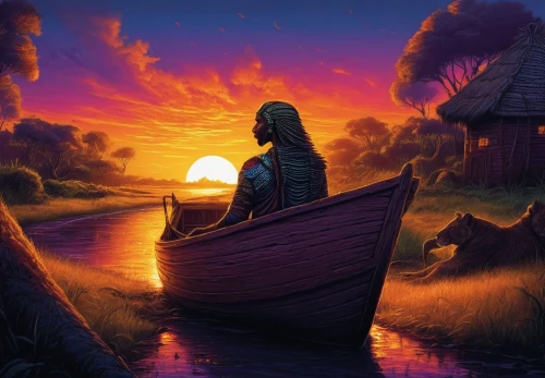 boat landscape,world digital painting,old wooden boat at sunrise,fantasy picture,dusk background,vikings,kalevala,voyageur,malazan,viking,digital painting,viking ship,hadrianic,girl on the boat,heiau,sunnfjord,kattegat,dusk,sunset,on the lake,Illustration,Realistic Fantasy,Realistic Fantasy 25