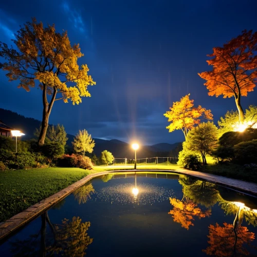 the park at night,reflecting pool,night photograph,autumn park,night photography,nightscape,autumn frame,round autumn frame,night shot,autumn scenery,night image,long exposure light,autumn in the park,fall landscape,garden pond,autumn background,backyard,long exposure,the autumn,pond,Illustration,Black and White,Black and White 04