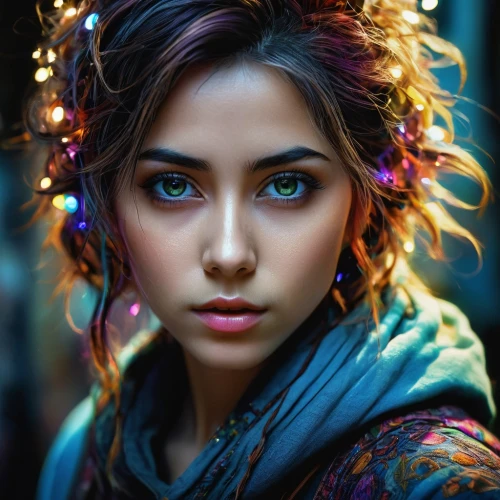 mystical portrait of a girl,fairie,beautiful girl with flowers,faery,romantic portrait,girl in a wreath,girl portrait,mongolian girl,indian girl,young woman,fantasy portrait,young girl,juliet,colorful light,seelie,fairy peacock,faerie,beautiful young woman,bohemian,bohemian art,Illustration,Realistic Fantasy,Realistic Fantasy 23