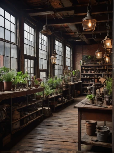 herbology,packinghouse,apothecary,potted plants,loft,flower shop,houseplants,warehouse,rustic aesthetic,greenhouse,vintage botanical,manufactory,herbfarm,barnwood,indoor,anthropologie,warehouses,rustic,lumberyard,nurseries,Illustration,Paper based,Paper Based 27