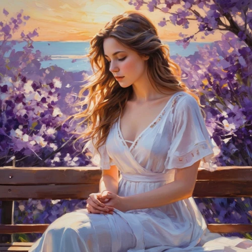 romantic portrait,heatherley,donsky,girl in a long dress,relaxed young girl,oil painting,girl in the garden,springtime background,girl in flowers,art painting,photo painting,oil painting on canvas,world digital painting,serene,fantasy picture,beautiful girl with flowers,romantic look,spring background,golden lilac,spring morning,Conceptual Art,Oil color,Oil Color 10