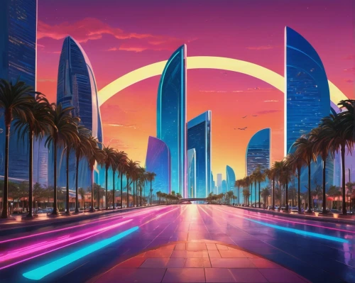 futuristic landscape,cybercity,miami,hkmiami,futurist,futuristic,dubai,doha,cyberport,dhabi,abu dhabi,futuristic architecture,tron,nakheel,wavevector,honolulu,haulover,megacorporation,qatar,megacorporations,Illustration,Retro,Retro 08