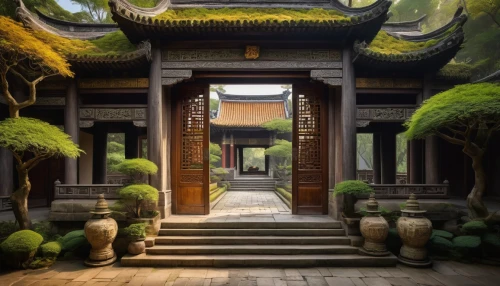 asian architecture,dojo,garden door,fengshui,qibao,qingcheng,sanshui,buddhist temple,wudang,longshan,jinchuan,white temple,victory gate,tori gate,pingyao,taoism,hall of supreme harmony,feng shui,tianxia,teahouse,Art,Classical Oil Painting,Classical Oil Painting 06