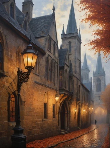 medieval street,bruges,the cobbled streets,hogwarts,brugge,pierrefonds,belgium,ghent,hohenzollern castle,loches,luxembourg,binnenhof,conciergerie,medieval town,mont st michel,aachen,senlis,terbrugge,metz,autumn morning,Illustration,Abstract Fantasy,Abstract Fantasy 15