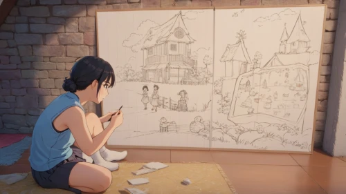 hosoda,chomet,meticulous painting,studio ghibli,miniaturist,children drawing,the little girl's room,girl studying,animator,animation,3d fantasy,background design,girl praying,puzzles,dream art,wall painting,anime 3d,chalk drawing,girl drawing,3d art,Anime,Anime,Traditional