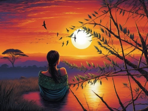 landscape background,dreamtime,romantic scene,world digital painting,sunset,nature background,tramonto,fantasy picture,art painting,evening lake,coucher,setting sun,flower in sunset,unset,dreamscapes,dream art, silhouette,daybreak,inle,eventide,Illustration,Realistic Fantasy,Realistic Fantasy 25