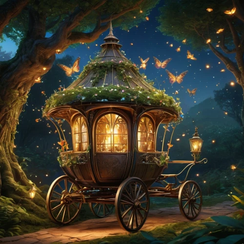 fantasy picture,wooden carriage,fairy tale,fairy lanterns,fairy forest,carriage,fairy world,fantasy art,fairyland,a fairy tale,fairytale,fairy village,flower cart,faerie,music box,faery,carousel,fairytales,storybook,imaginarium,Conceptual Art,Oil color,Oil Color 07