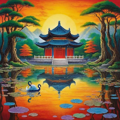 koi pond,lotus pond,water lotus,lily pond,taoism,oriental painting,oriental,water palace,lotus on pond,west lake,duck on the water,asian vision,dragon boat,bird kingdom,oil painting on canvas,koi,pengshui,art painting,khokhloma painting,swan on the lake,Illustration,Children,Children 01