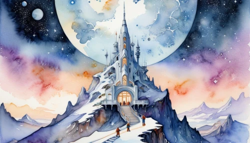 gondolin,winter house,fairy tale castle,fairy chimney,snow house,tirith,christmas landscape,watercolor christmas background,snowglobe,winterfell,winter night,castle of the corvin,witch's house,fairytale castle,ice castle,snow globe,snowhotel,erebor,thingol,winter dream,Illustration,Paper based,Paper Based 24
