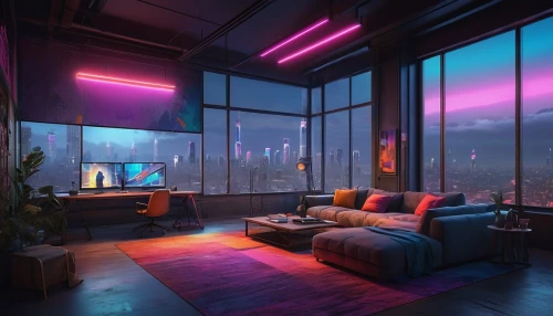apartment lounge,sky apartment,livingroom,living room,modern room,apartment,an apartment,aesthetic,cyberpunk,loft,great room,game room,neon,electrohome,bedroom,shared apartment,colored lights,modern living room,neon arrows,neon colors,Illustration,Paper based,Paper Based 05