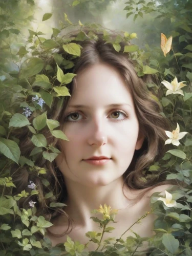 girl in flowers,dryad,faerie,unthanks,faery,dryads,fairie,girl in a wreath,mystical portrait of a girl,beautiful girl with flowers,girl with tree,beren,girl in the garden,maenads,spring leaf background,fantasy portrait,young woman,fairy queen,flower fairy,hermia