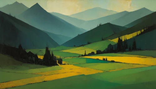 alpine landscape,mountain landscape,salt meadow landscape,yellow mountains,larches,mountainous landscape,green landscape,mountain scene,mountain valley,mountains,mountain pass,mountainsides,larch forests,yellow grass,mountain valleys,burkard,valley,mountain meadow,green valley,mountain pasture,Conceptual Art,Oil color,Oil Color 12