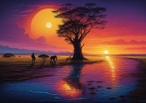 landscape background,fantasy picture,lone tree,colorful tree of life,fantasy landscape,nature background,desert landscape,sunset,isolated tree,purple landscape,lonetree,desert desert landscape,beautiful landscape,setting sun,unset,alien planet,an island far away landscape,sun reflection,nature landscape,silhouette art,Illustration,Realistic Fantasy,Realistic Fantasy 25