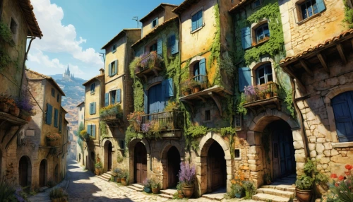 medieval street,medieval town,novigrad,theed,provencal,avernum,seregil,knight village,townscapes,casbah,kotor,provence,hanging houses,volterra,townhouses,mirabilis,old town,narrow street,ancient city,the old town,Illustration,Realistic Fantasy,Realistic Fantasy 03