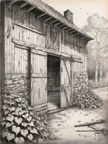 old barn,barn,outbuildings,woodshed,smokehouses,outbuilding,wooden house,wooden houses,wooden hut,watermill,horse barn,barnhouse,storehouses,water mill,horse stable,old home,timber framed building,farmstand,log cabin,farm hut,Illustration,Black and White,Black and White 30