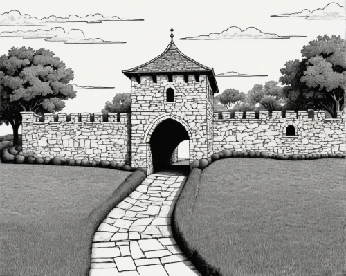 gatehouses,stonewalls,city walls,ramparts,stone gate,castle wall,moated castle,peter-pavel's fortress,castle keep,walled,stronghold,city wall,crenellations,battlements,passageways,village gateway,cry stone walls,knight's castle,caylus,castles,Illustration,Black and White,Black and White 33