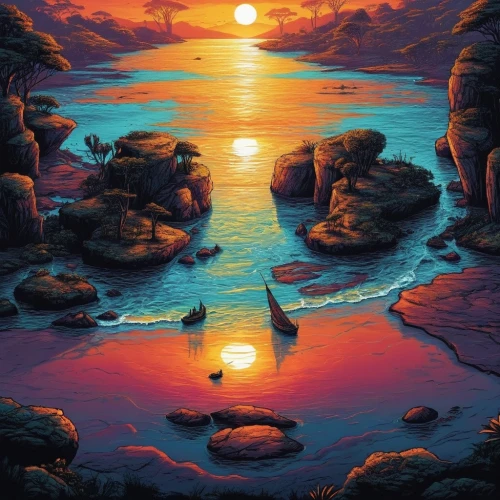 coast sunset,beautiful wallpaper,sea landscape,coastal landscape,fantasy landscape,world digital painting,evening lake,samsung wallpaper,beach landscape,ocean,an island far away landscape,seascape,lagoon,futuristic landscape,landscape background,paisaje,waterscape,hd wallpaper,ocean paradise,cave on the water,Illustration,Realistic Fantasy,Realistic Fantasy 25