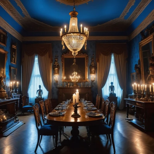 dining room,ornate room,victorian room,blue room,royal interior,danish room,wade rooms,dandelion hall,breakfast room,dining table,great room,chandeliers,dining room table,wardroom,furnishings,interior decor,candelabras,holyroodhouse,the interior of the,puttkamer,Photography,General,Realistic