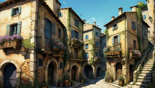 medieval street,medieval town,townscapes,theed,novigrad,townhouses,hanging houses,provencal,ancient city,narrow street,citadels,avernum,casbah,knight village,old town,romanies,quirico,old city,rouran,kotor,Conceptual Art,Oil color,Oil Color 06