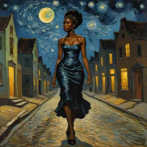 delaughter,david bates,woman walking,african american woman,hansberry,vincent van gough,benton,carel,african woman,sarah vaughan,leontyne,the girl in nightie,blues and jazz singer,moonshadow,woman with ice-cream,girl in a long dress,night scene,nightdress,moonstruck,oshun,Art,Artistic Painting,Artistic Painting 03