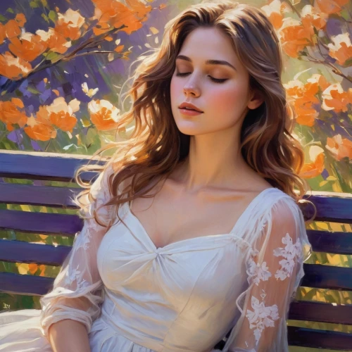 romantic portrait,relaxed young girl,girl lying on the grass,leighton,photo painting,oil painting,world digital painting,digital painting,girl in flowers,girl in the garden,young woman,photorealist,pittura,idyll,beautiful girl with flowers,woman sitting,donsky,perugini,art painting,maxon,Conceptual Art,Oil color,Oil Color 10