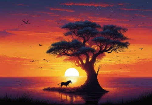 lone tree,isolated tree,lonetree,animal silhouettes,tree silhouette,colorful tree of life,tree of life,serengeti,nature background,silhouette art,deer silhouette,landscape background,lion king,old tree silhouette,africa,baobabs,magic tree,world digital painting,arbre,fantasy picture,Illustration,Realistic Fantasy,Realistic Fantasy 25