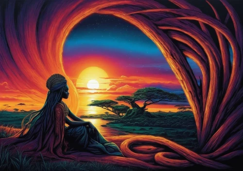 shamanic,fantasy picture,hildebrandt,sundancer,sunset,ayahuasca,dream art,sunset glow,background image,dreamtime,fantasy art,vipassana,lateralus,sacred art,psytrance,romantic scene,pachamama,sun,golden sun,art painting,Illustration,Realistic Fantasy,Realistic Fantasy 25