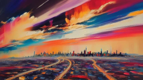 cityscape,colorful city,skyline,city skyline,skylines,metropolis,baconsky,futuristic landscape,skyscrapers,dubai,city scape,new york skyline,skycraper,vast,berlinsky,dubai desert,urban,chicago skyline,oil on canvas,the city