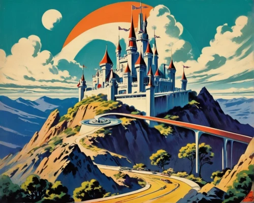 travel poster,disney castle,the disneyland resort,sleeping beauty castle,fantasyland,fantasy city,imagineering,autopia,tirith,citadels,cinderella's castle,disneyfied,fairy tale castle,principality,rivendell,fantasy world,vintage illustration,imagineers,walt disney world,imagineer,Illustration,Retro,Retro 12